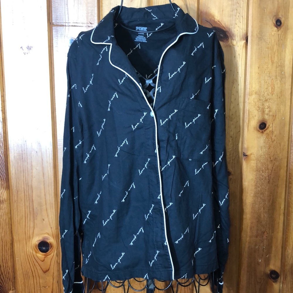 PINK Victoria’s Secret FLANNEL SLEEP black SHIRT medium pajama top sleep wear​​